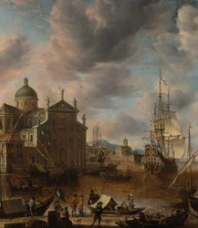 En middelhavshavn i capriccio-stil med figurer, der samtaler på en kaj, og en nederlandsk tremaster fortøjet i baggrunden, 1665