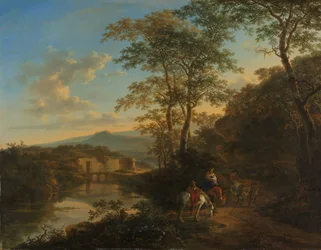 Italiensk landskab med Ponte Lucano over Aniene-floden, ca. 1650-1652 (olie på kobber)