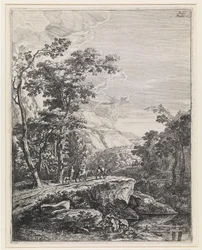 Landskab med en kvinde ridende på et muldyr langs Aqua Negro mellem Bologna og Firenze