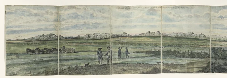 Panorama over Hottentots Holland Kaapsche Bergen fra Kap til Nord strækker sig fra Baay Fals til Tygerberg på tværs. 1787 (titel på objekt)