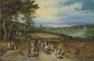 Et stort skovlandskab med rejsende på et spor og dansende bønder i forgrunden / Landscape with Travellers and Peasants on a Track