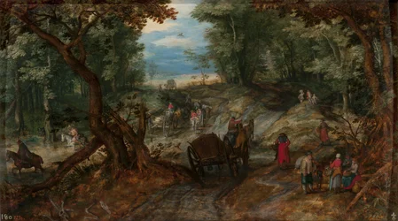 Skov med vogne, der krydser et vandløb, og ryttere