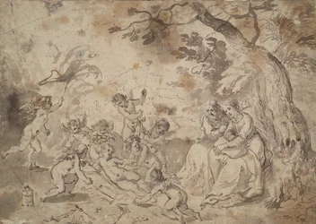 Jomfru Maria og Sankt Josef og Kristusbarnet, Sankt Johannes og engle, der leger med passionens instrumenter
