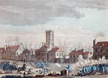 Kamp foran Eglise de la Chapelle, Paris, mellem vogterne af Fermiers Generauxs barrierer og de revolutionære den 24. januar 1791, ca. 1795