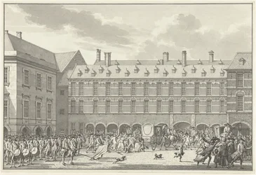 Uroligheder, da deputerede i Dordrecht kører gennem Stadhouderspoort på Binnenhof, 1786