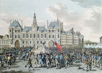 Launays og Flesselles hoveder i en promenade foran Hotel de Ville, 14. juli 1789, 1795