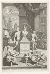 Buste af Hugo de Groot rost af Victoria Hr. Huig de Groots liv og virksomhed (titel på objektet) Titelside for: Caspar Brandt og Adriaan van Cattenburg, History of the life of Mr Huig de Groot, 1727