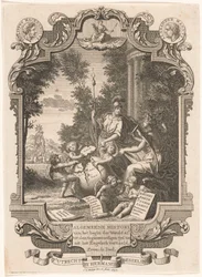 Cartouche med allegori over Grækenlands historie Titelblad for: Kornelis Westerbaen, Algemeene histori, 1742