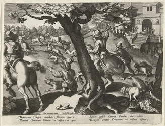 Hertenjacht met honden Jachttaferelen (serietitel) Jagten på vildt, fugle og fisk i Bestiary (serietitel)