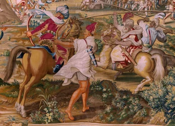 flamsk gobelin. Serien Erobringen af Tunis. Angrebet på La Goleta (Ataque a la Goleta). Fjerde gobelin i serien. Model Jan Vermeyen og Pieter Coecke van Aelst. 1543-1548. Fremstilling af Real Fábrica de Tapices de Santa Bárbara, Madrid