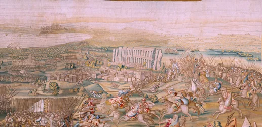 flamsk gobelin. Serien Erobringen af Tunis. Angrebet på La Goleta (Ataque a la Goleta). Fjerde gobelin i serien. Model Jan Vermeyen og Pieter Coecke van Aelst. 1543-1548. Fremstilling af Real Fábrica de Tapices de Santa Bárbara, Madrid