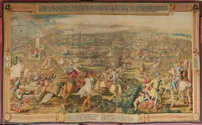 flamsk gobelin. Serien Erobringen af Tunis. Angrebet på La Goleta (Ataque a la Goleta). Fjerde gobelin i serien. Model Jan Vermeyen og Pieter Coecke van Aelst. 1543-1548. Fremstilling af Real Fábrica de Tapices de Santa Bárbara, Madrid