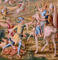 flamsk gobelin. Serien Erobringen af Tunis. Angrebet på La Goleta (Ataque a la Goleta). Fjerde gobelin i serien. Model Jan Vermeyen og Pieter Coecke van Aelst. 1543-1548. Fremstilling af Real Fábrica de Tapices de Santa Bárbara, Madrid