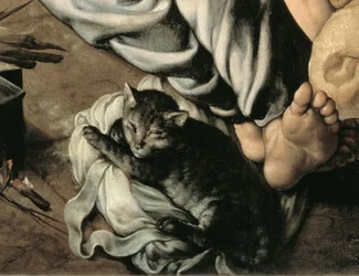 Den hellige familie omkring en ild, ca. 1532-33 (panel) (detalje af 77334)