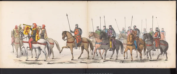 Masquerade of the Leiden Students, 1865 (plade 1) Udklædt procession holdt af medlemmerne af Leidens studentkorps den 6. juni 1865 til fejring af 290-året for Leidsche Hoogeschool, der viser: hollændernes indtog i