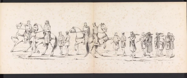 Masquerade of the Leiden Students, 1865 (plade 10) Udklædt procession holdt af medlemmerne af Leidens studentkorps den 6. juni 1865 til fejring af 290-året for Leidsche Hoogeschool, skildrer: hollændernes indtog b.