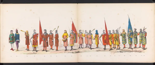 Masquerade of the Leiden Students, 1865 (plade 13) Udklædt procession holdt af medlemmerne af Leidens studentkorps den 6. juni 1865 til fejring af 290-året for Leidsche Hoogeschool, skildrer: hollændernes indtog b.