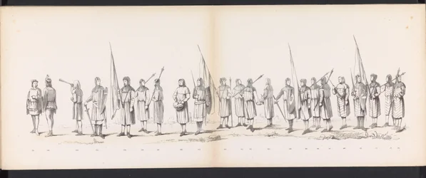 Masquerade of the Leiden Students, 1865 (plade 13) Udklædt procession holdt af medlemmerne af Leidens studentkorps den 6. juni 1865 til fejring af 290-året for Leidsche Hoogeschool, skildrer: hollændernes indtog b.