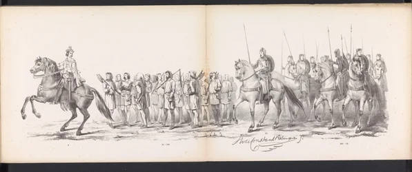 Masquerade of the Leiden Students, 1865 (plade 15) Udklædt procession holdt af medlemmerne af Leidens studentkorps den 6. juni 1865 til fejring af 290-året for Leidsche Hoogeschool, skildrer: hollændernes indtog b.