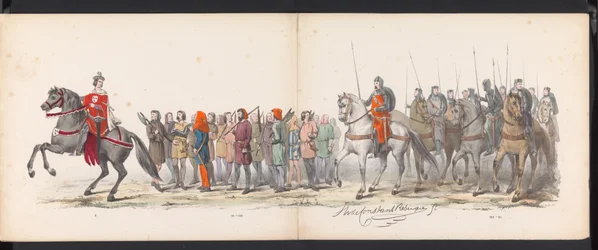 Masquerade of the Leiden Students, 1865 (plade 15) Udklædt procession holdt af medlemmerne af Leidens studentkorps den 6. juni 1865 til fejring af 290-året for Leidsche Hoogeschool, skildrer: hollændernes indtog b.