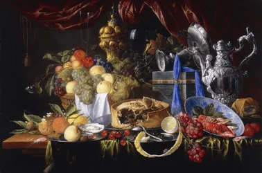 En tærte på en tintallerken, en delvist skrællet citron, en sølvske på en tintallerken, krebs og rejer i en Wanli Kraak Porselein skål, 1649