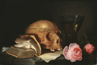 Vanitasstilleben med et kranium, en bog og roser, ca. 1630