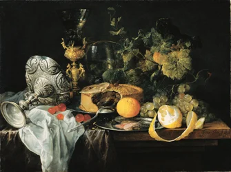 Tysk: Storslået stilleben med frugt, tærte og bægre Overdådigt stilleben med frugt, tærte og bægre, 1651