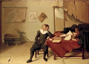 Interiør af et værelse med en ung mand siddende ved et bord, 1628