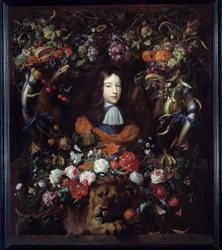 Portræt af Vilhelm III af Orange (1650-1702) i en medaljon af blomster Maleri af Jan David Heem (1606-1684) 1665 Søn. 1,34x1,14 m Lyon, Musee des Beaux Arts