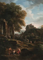 Et klassisk landskab med figurer i forgrunden, ruiner til venstre og en figur i midten, der ofrer (olie på lærred)