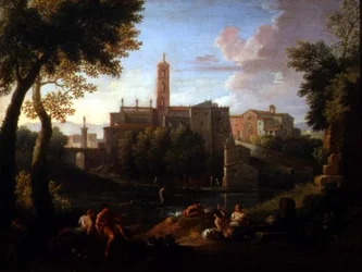 Landskab med figurer nær en by (par 81825)