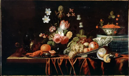 Stilleben med frugt, blomster og krebs