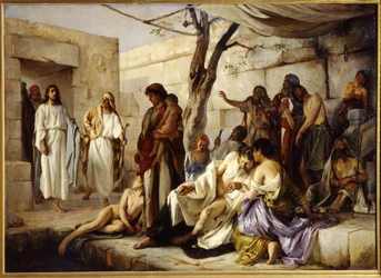 Miraklet ved Bethesda-bassinet. Placeret på vejen fra Beth Zeta (Israel) til Jerusalem, nærmer Jesus Kristus sig bassinet, hvor de lammede samles og helbreder mirakuløst en syg person. Maleri af Jan