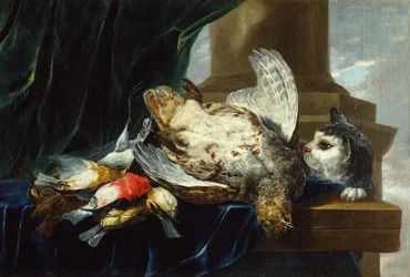 En død agerhøne og andre fugle på en stenkant med en kat (olie på lærred)