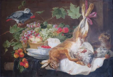 Hare, frugt og papegøje