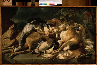 ""Stilleben med vildt"" (Stilleben) Hare, då, ænder. Maleri af Jan (Johannes) Fyt (1611-1661) 1640 Pushkin Museum, Moskva