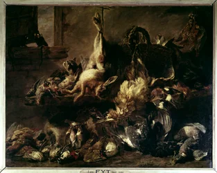 Spredning af vildt i en vagt, der spiser med en kat og to aber. Maleri af Jan Fyt (1611-1661) (ec.flam.) 1600-tallet søn. 0,86 X 1,76 m Paris, musee du Louvre