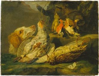 Stillleben mit Jagdhund und totem Geflügel