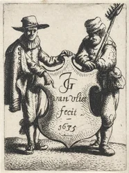 Elegant mand og en skorstensfejer nær et våbenskjold Stående figurer (serietitel)