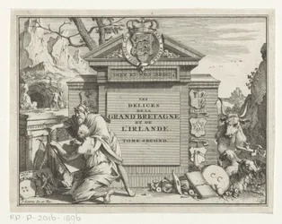 Mand peger på at trække ung mand til en ruin Titelside for: James Beeverell, Les delices de la Grand