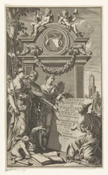 Retfærdigheden lærer Utrechts love Costumen Usantien og politibetjent i byen Utrecht (titel på objektet) Titelside for Willem Van der Meulen, Costumen, usantien, policien ende style van literen, der Stadt Utrecht, 1709