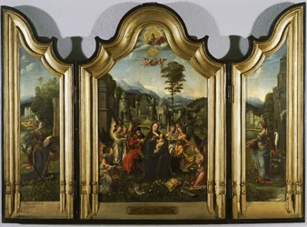 Den hellige familie med Saint Catherine og Saint Barbara Triptykon, ca. 1505