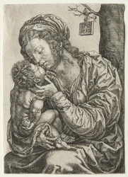 Jomfruen sidder ved foden af et træ, 1522.