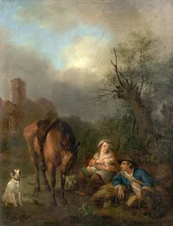 Landskab med figurer, en hest og en hund