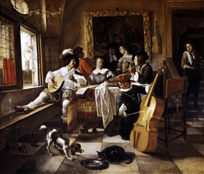 "" Familiekoncert "" Scene i et hollandsk interiør. Maleri af Jan Steen (1626-1679) 1666 Chicago, Art Institute of Chicago