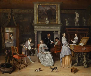 Fantasiinteriør med Jan Steen og Gerrit Schoutens familie, ca. 1659-60 (olie på lærred)