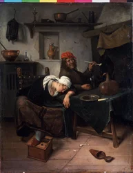 De ledige. Maleri af Jan Havicksz Steen (1626-1679). Olie på træ, 39 x 30 cm, ca. 1660. Hollandsk kunst, barokstil. Eremitagemuseet, Sankt Petersborg.