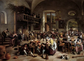 Fest i en kro Musikere, spillere, mænd og kvinder af drikkende mennesker - Maleri af Jan Havicksz (Havicksz) Steen (1626-1679)