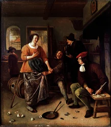 De knuste æg (inde i en kro). Gruppe af muntre karakterer i hollandsk køkken. Manden, der løfter kvindens nederdel, er et selvportræt af maleren. Maleri af Jan Havickszoon Steen (1625/6-1679) 1665-1670 søn. 43x38 cm London, National Gallery - The Inte