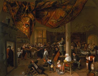 En landsbybryllupsfest med festglade og en dansende fest, 1671